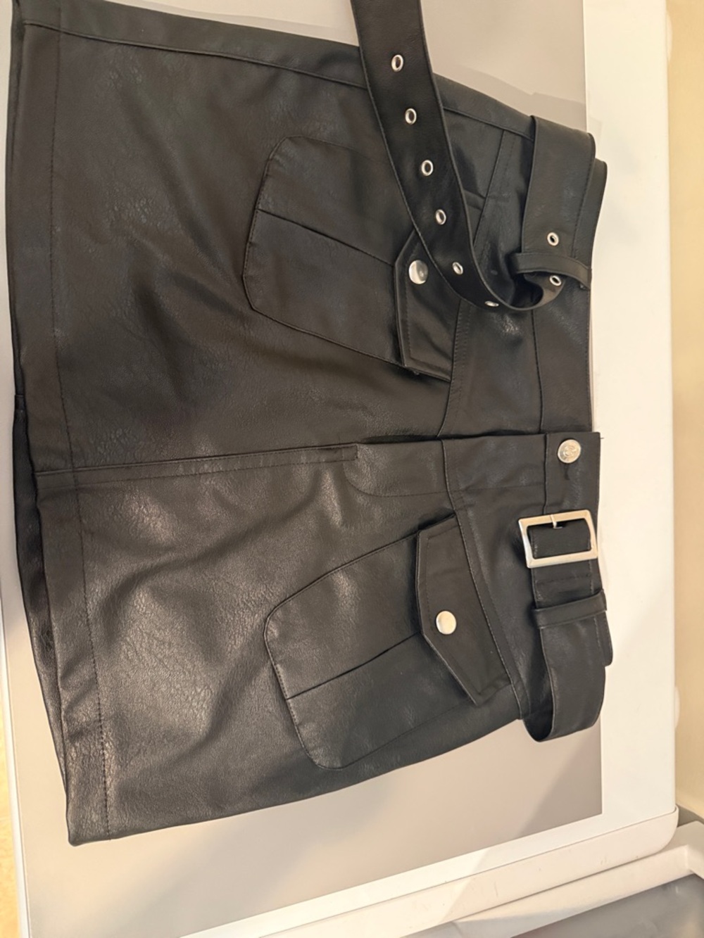 Black Faux Leather Mini Skirt with Belt